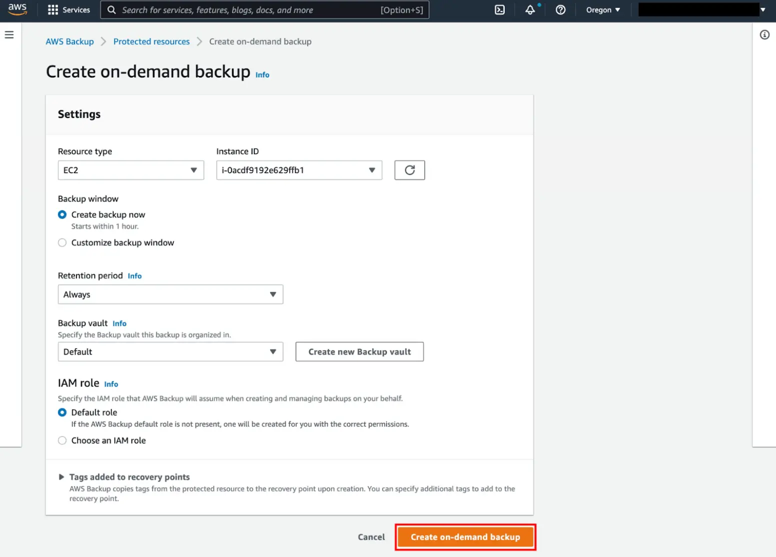 AWS make an on demand backup screenshot